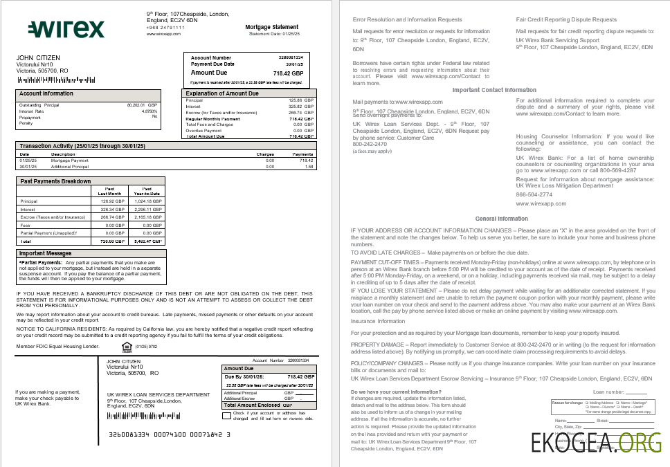 Relevé hypothécaire UK Wirex aux formats Word et PDF